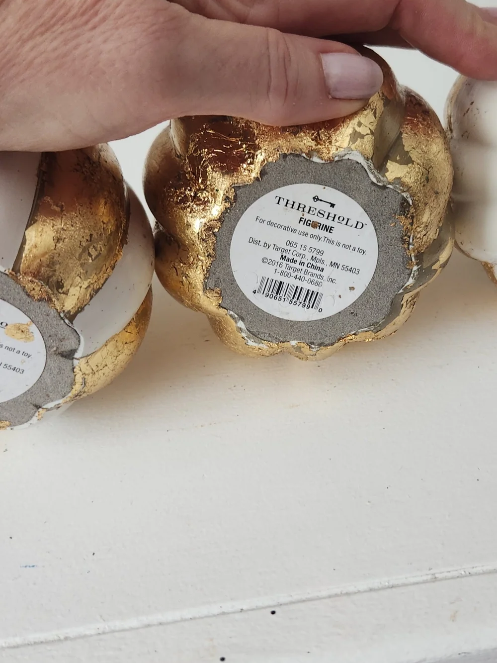 Metallic Gold  Hammerd Tray & White & Gold Pumpkin Trio Hand Painted W/Gold Leaf